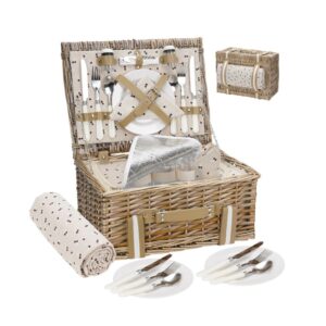 Willow Picnic Basket Set for 2 Persons with Large Insulated Cooler Bag and Waterproof Picnic Blanket, Wicker Picnic Hamper for Camping,Outdoor,Birthday